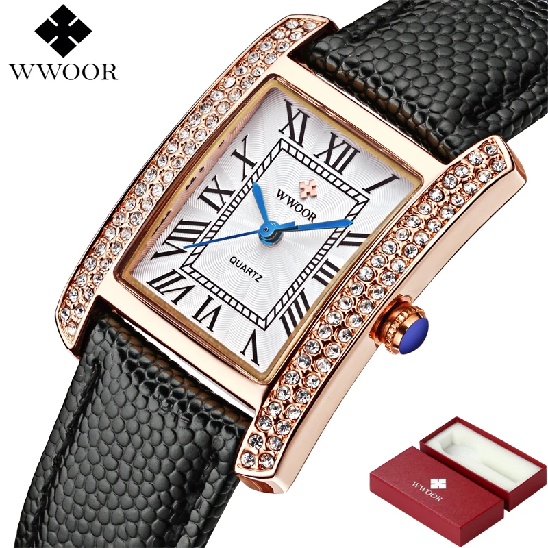 Kopen WWOOR Brand Luxe Vrouwen Horloges Vierkante Jurk Dames Quartz Horloge Vrouwen Diamant Lederen Band Polshorloge Rode Klok Montre Femme