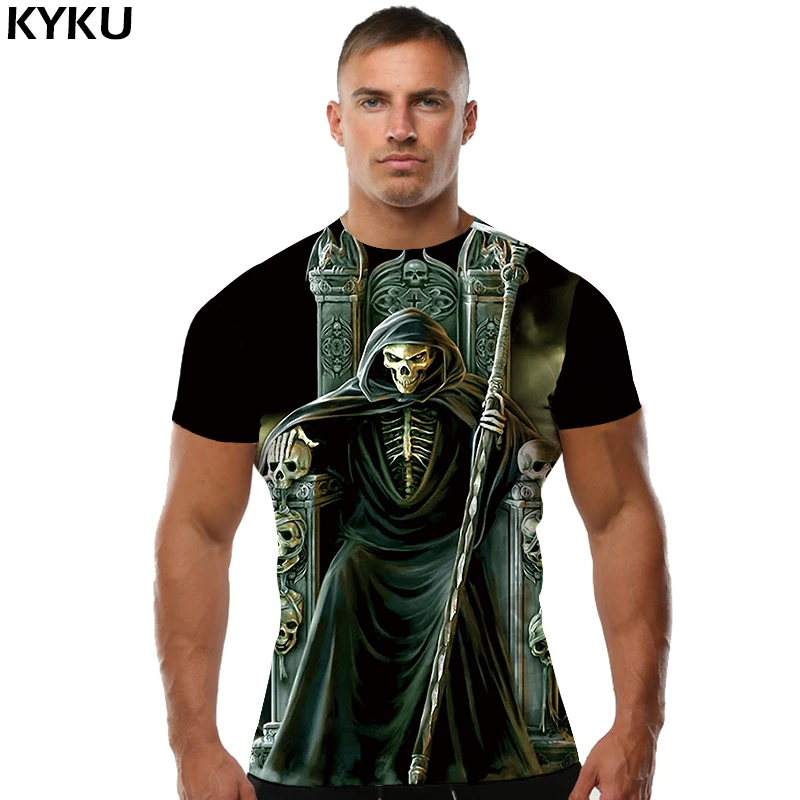 

KYKU Skull T Shirt Men Grim Reaper Tshirt Evil Black 3d Print T-shirt Hip Hop Tee Slim Gothic Mens Clothing 2018 Summer Tops New
