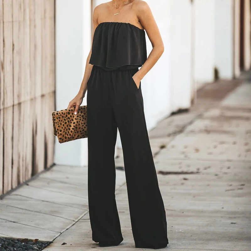 Missufe عارية الذراعين مثير ارتداءها المرأة الصيف عموما الإناث Playsuit عارضة واسعة الساق بذلة حمالة مزدوجة الكشكشة حللا