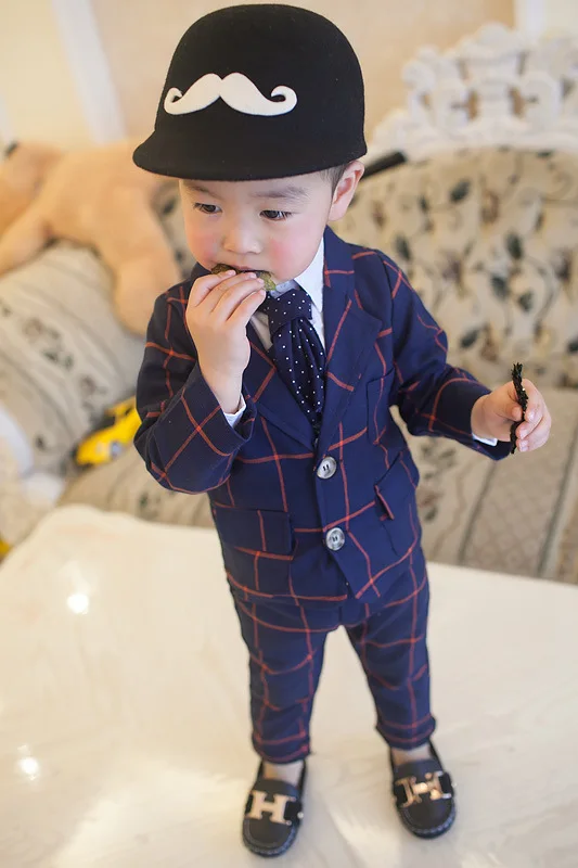 Корейский Весенний костюм для маленьких мальчиков мини-платье детский комплект в клетку с длинными рукавами для мальчиков