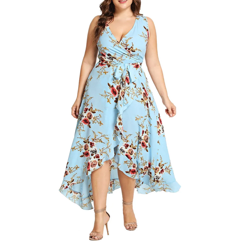 

Sleeveless Print Summer Plus Size 4XL Dress Women Casual V-Neck Boho Flower Bohemian Party A-Line Maxi Daily Dress Freeship N4