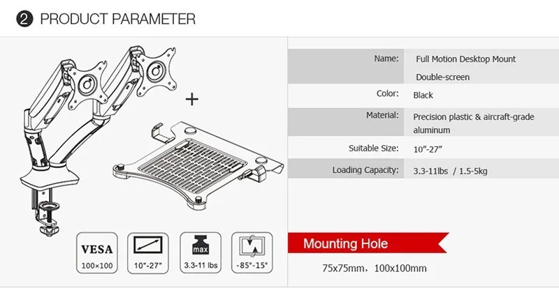 Настольный полный движения газовая пружина для двух мониторов крепление Дисплей Подставка для 1"~ 27" монитор и 1"~ 15,6" Ноутбук Max Suppprt 5 кг на руку