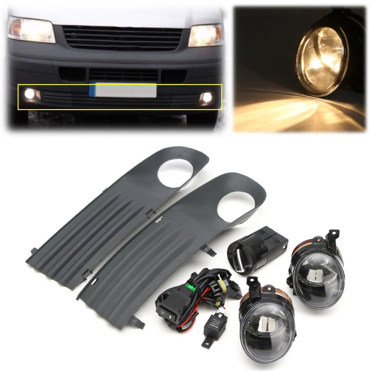 55W Front Left Right Foglight Grille Kit Set w/ Wiring Headlight Switch For VW T5 TRANSPORTER 2003-2010