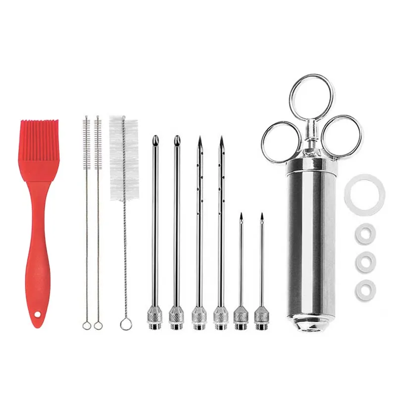 

2 Ounce Capacity with 6 Needles Silicone Brush Stainless Steel BBQ Injector Syringe, Marinade Meat Injector