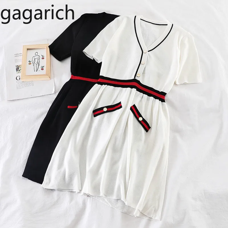 

Gagarich Elegant Women Dress 2019 Short Sleeve V-neck Red Striped Waist Solid Stretch Summer Dresses Midi Vestidos Verano