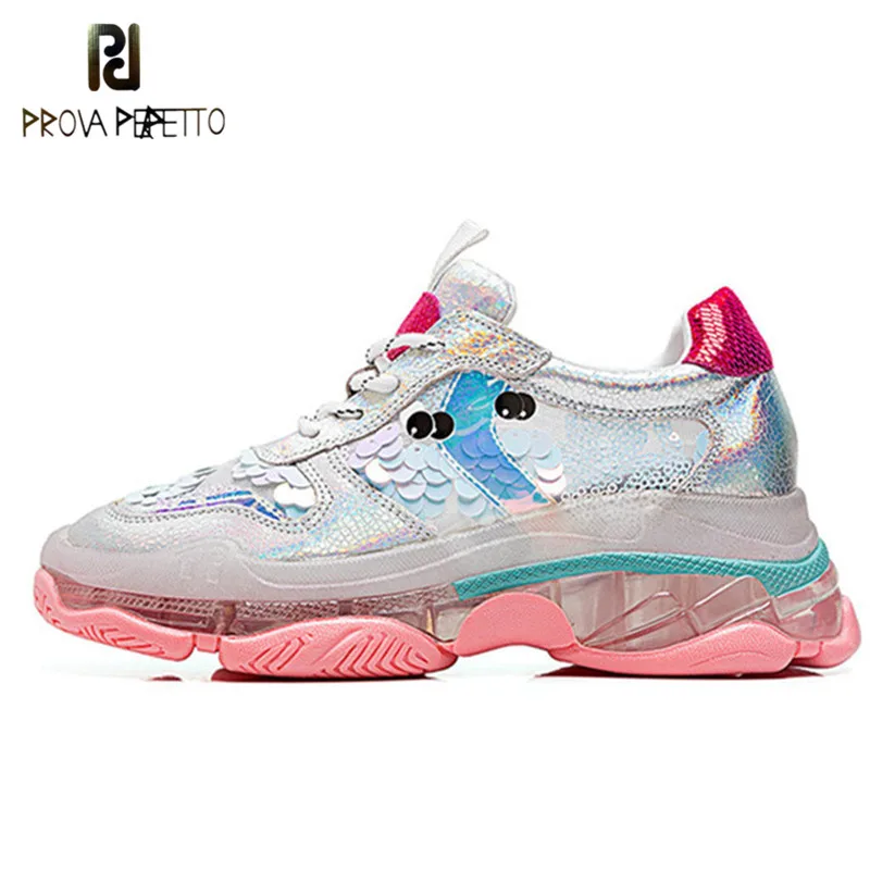 

Prova Perfetto Paillette Platform Sneakers Women Fashion Flat Blingbling Sequined Casual Shoes Woman Lace Up Sneakers For Girls