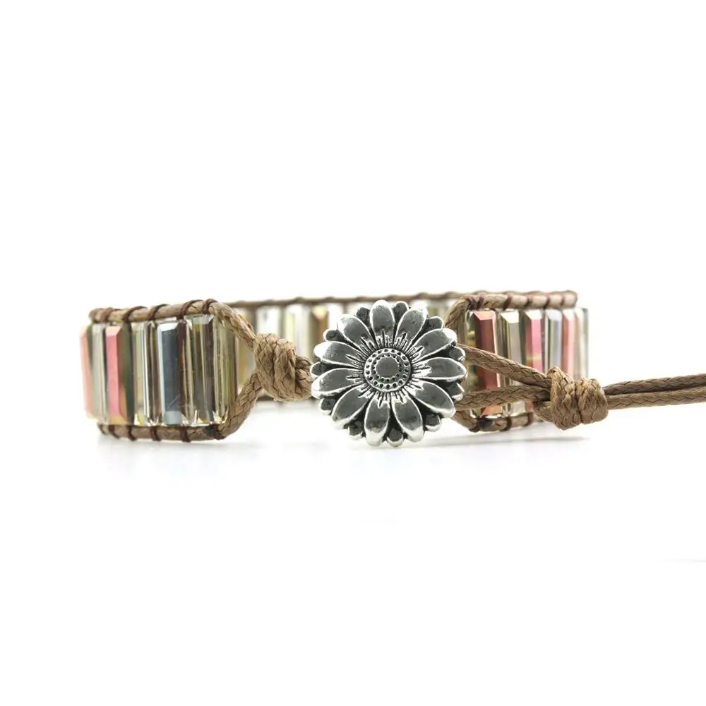 

Unique Boho Tube Shape Natural Stones Single Leather Wrap Bracelets Handmade Bohemian Weaving Bracelet Leather Jewelry