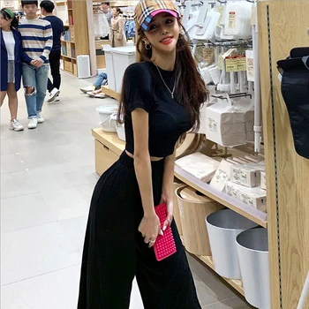 

New arrival women temperament OL two-piece set black sexy slim basic t-shirt comfortable pant fashion wild bouncy cute women set