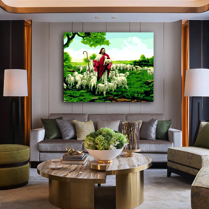 

DIY colorings pictures by numbers with sheepherder picture drawing Relief painting by numbers framed Home