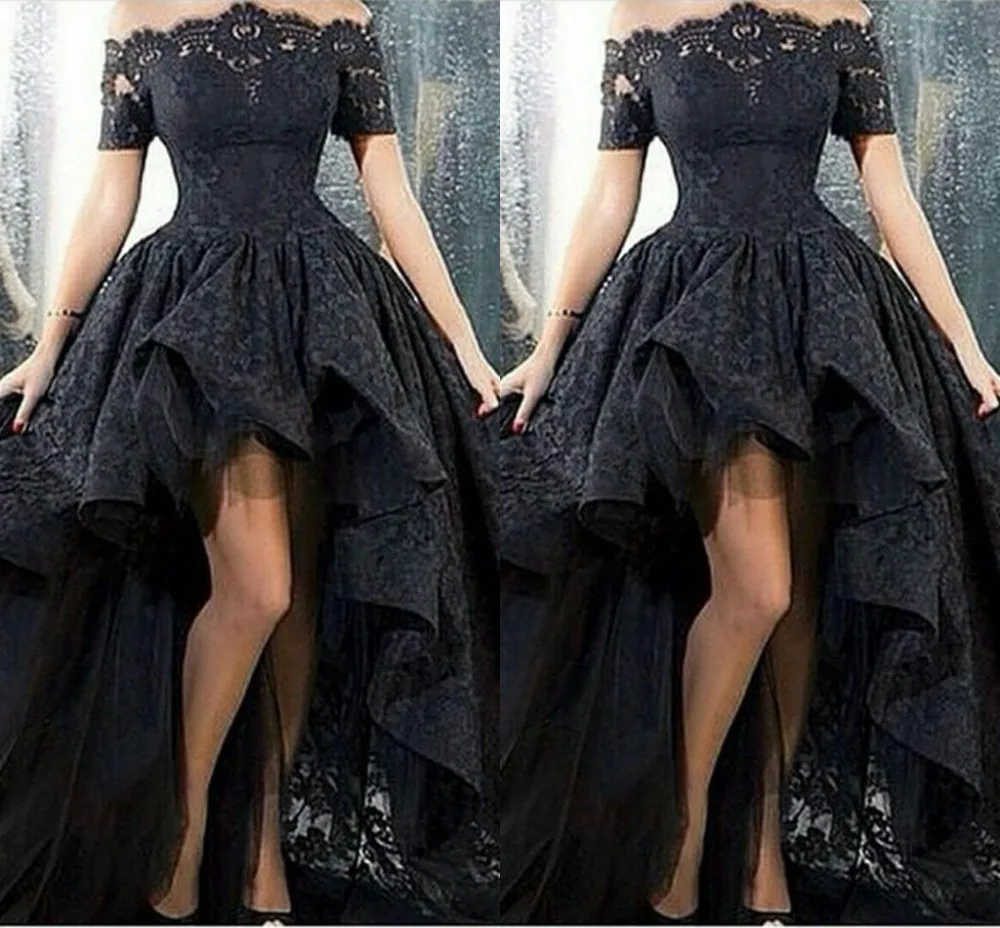 2017 Black Lace Off Shoulder High Low Prom Dress Sexy ...