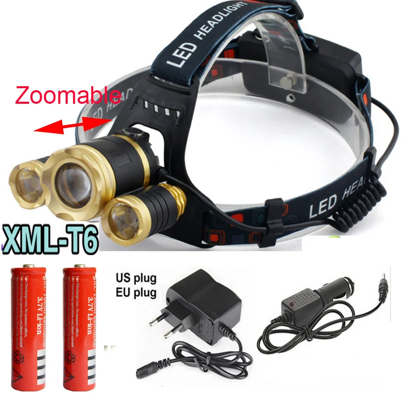 4 mode Zoomable 8000Lm 3x XML T6 LED Headlamp Rechargeable Headlight Head Torch Light Lamp 18650