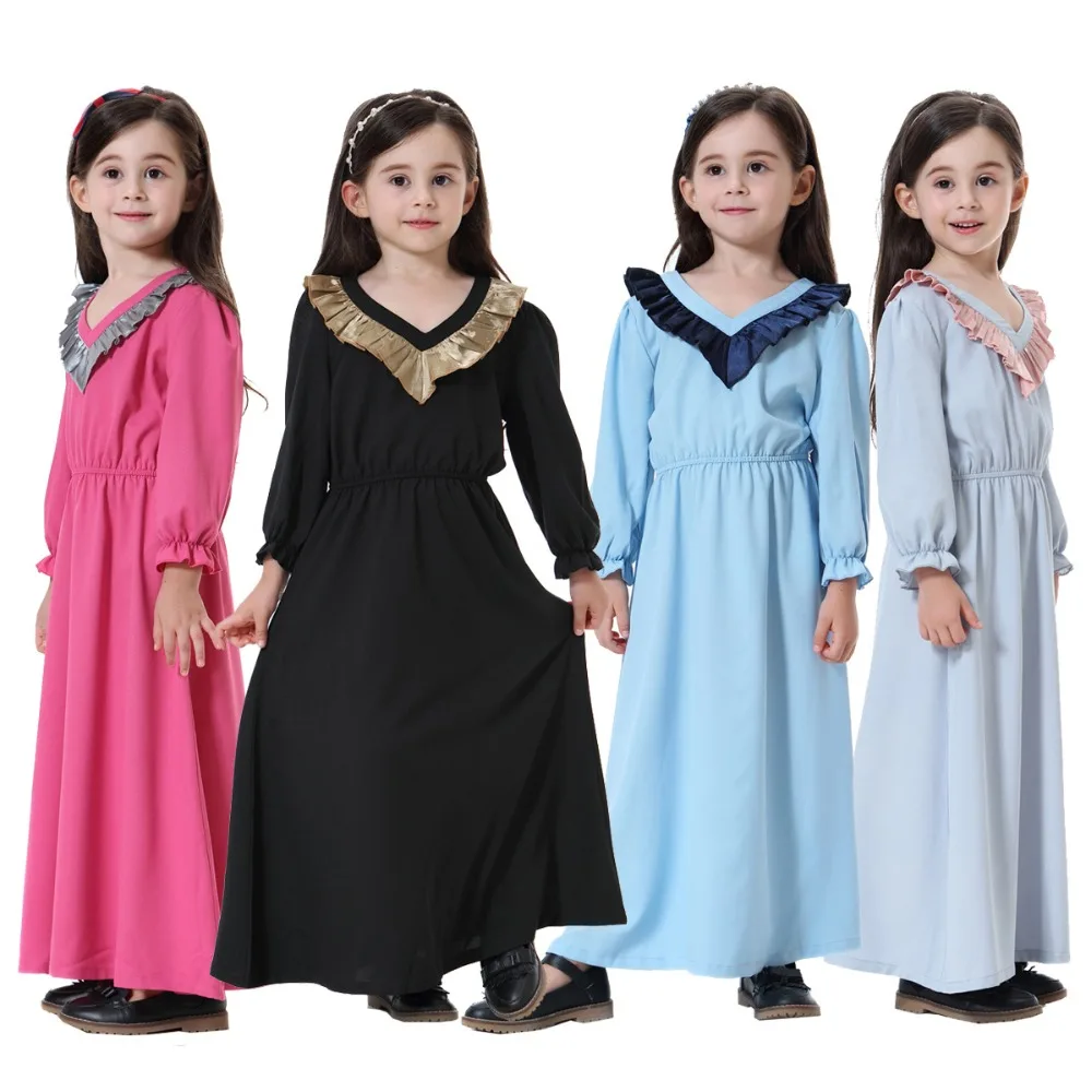Fashion Child baya Muslim Girl dress ruffle long dress abaya islamic