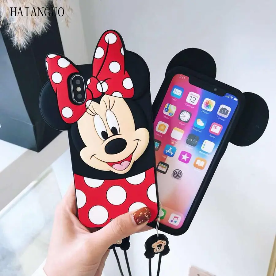HAIANGUO Cute 3D Cartoon Minnie Mickey Mouse Soft Silicone Case For iPhone 6 6s 6S Plus 7 8 5s X Back Cover with Lanyard |