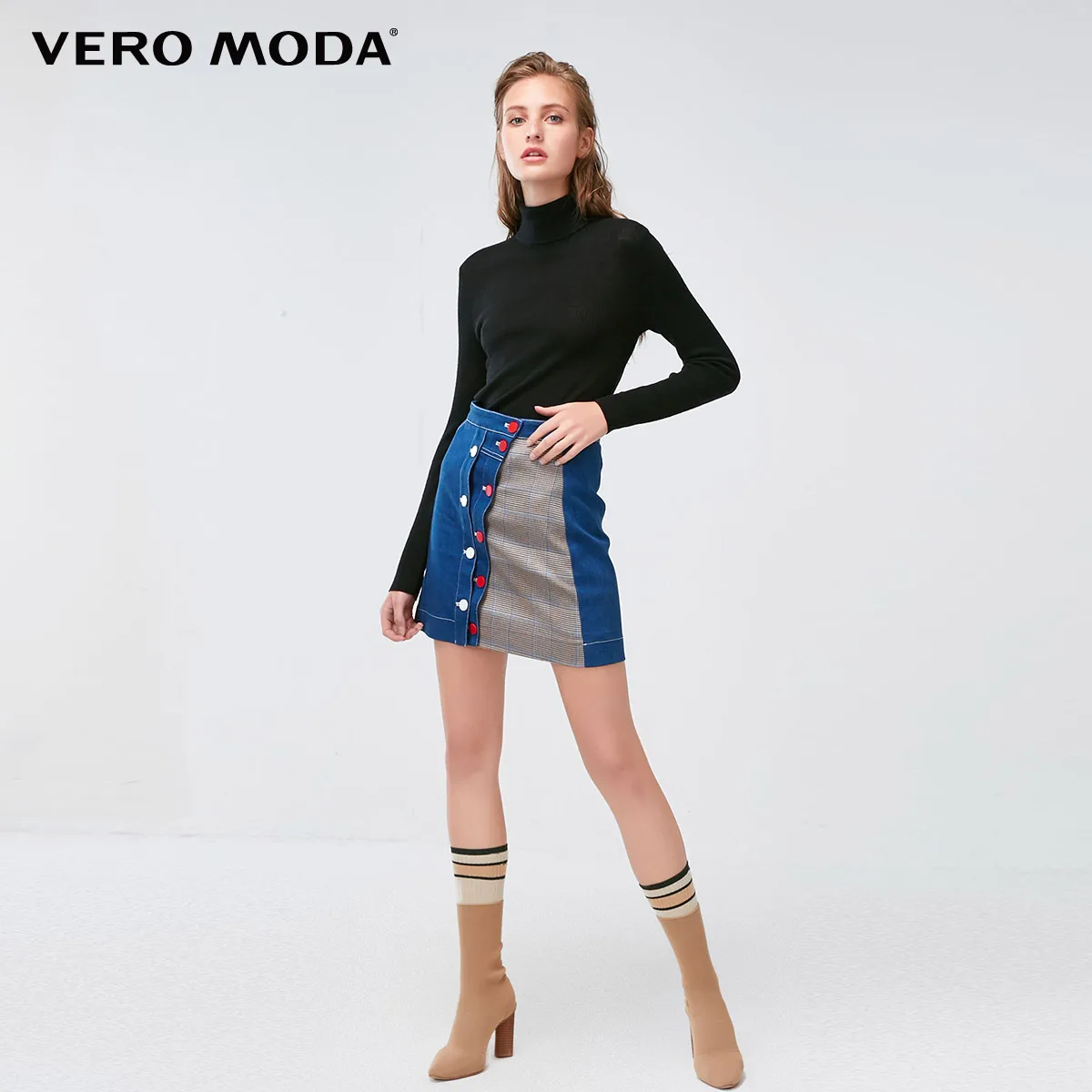 Vero Moda женский уличный стиль декоративные пуговицы разные цвета Высокая Талия Джинсовая юбка | 318337521