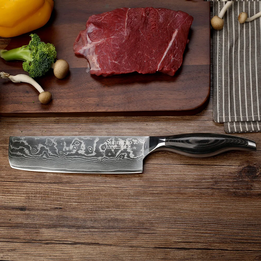 Sunnecko 7" Cleaver Knife Japanese VG10 Core Damascus Steel Blade Chef