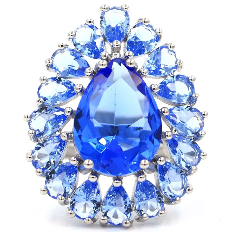 

8.0# Hot Sell Drop Shape Rich Blue Violet Tanzanite Woman's Party Silver Ring 31x25mm