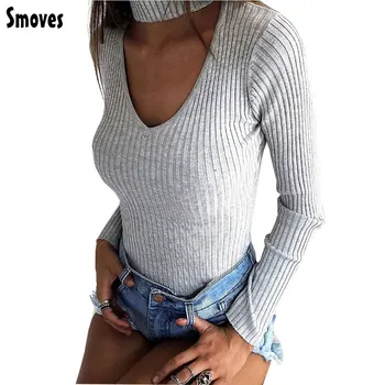 Smoves Sexy Choker High Neck Plunge V Long Sleeve Shoulder Women Autumn Spring Ribbed Bodysuits Playsuits Rompers Jumpsuits New