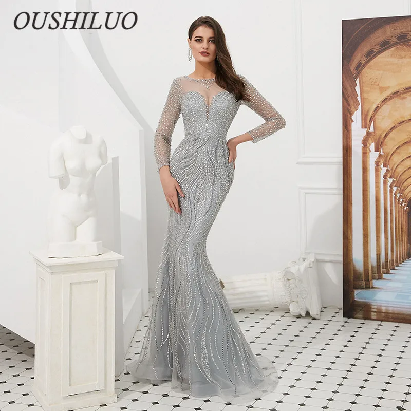 Sexy Sheer Long Sleeve Crystal Beaded Mermaid Evening Dresses Party Grey Formal Gowns Dubai Robe De Soiree Vestidos SQS8001 | Свадьбы и