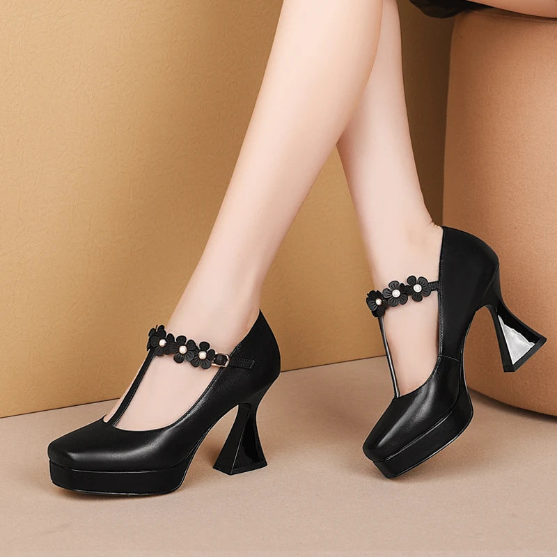 

Women Shoes Genuine Leather High Heels Square toe Thick High Heels Platform Pumps Ankle Buckle Strap Ladies Party Wedding Shoes