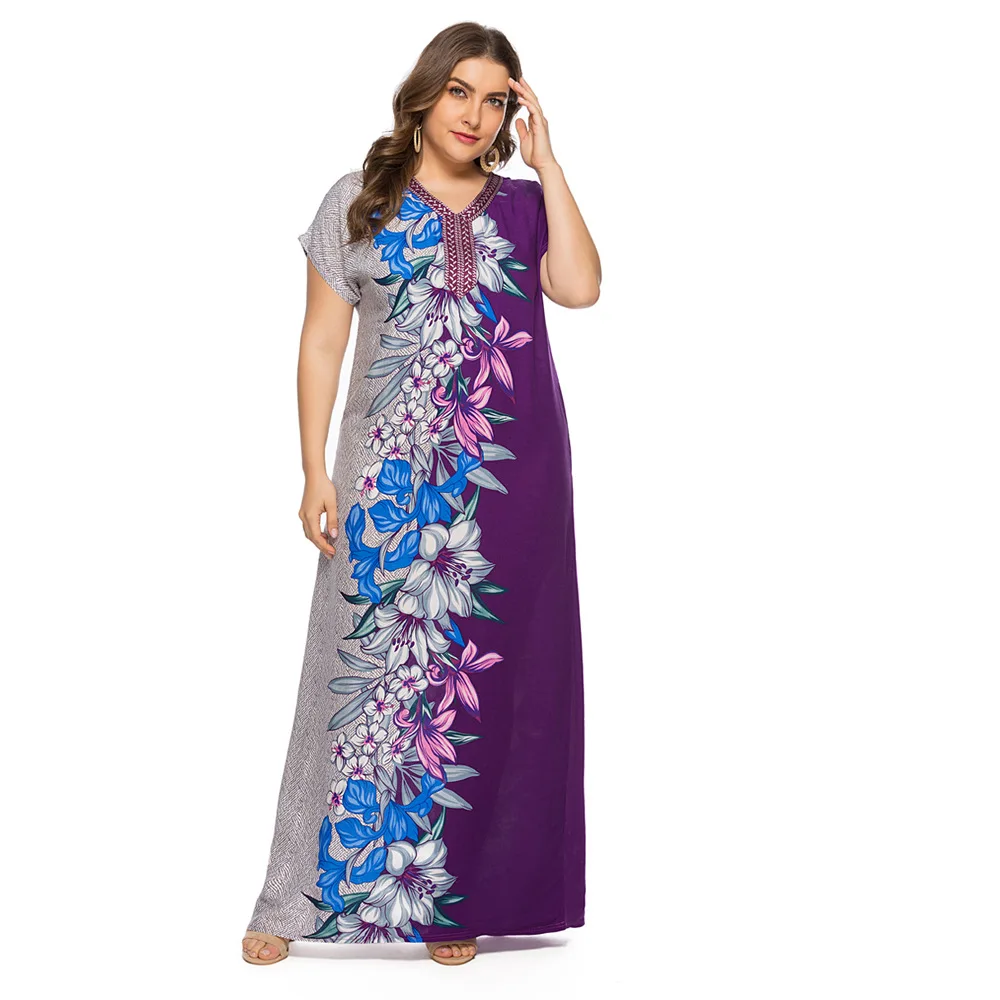 Летнее Платье макси с цветочным принтом, размер d, короткий рукав, v-образный вырез, Абая для мусульман, Дубай, Рамадан, халат размера плюс VKDR1531