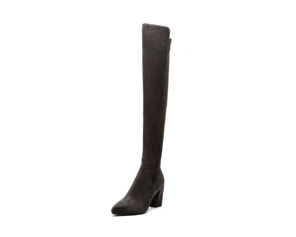 L32 High khaki Street Carrés Pointu ardoisé Solides Noir Populaire light Haute Lenkisen Mince Bout Bottes Fashion Zipper Streetwear Chaussures Cuissardes Talons Brown 2DE9HWI