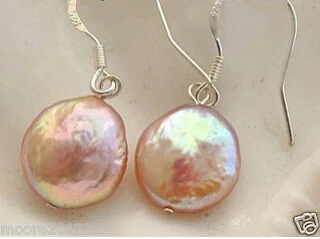 

FREE SHIPPING charming 11-12mm pink Coin Pearl 925silver hook Dangle Earring