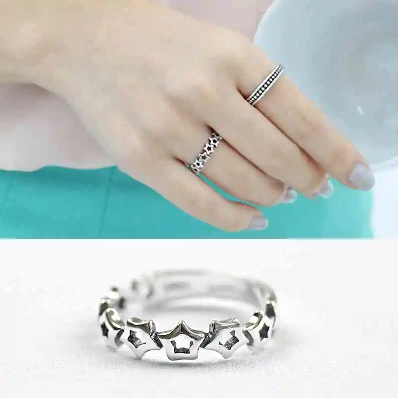 New Women Real 925 Sterling Silver Ring Open Adjustable Finger Ring with Stars Vintage Style Gift to Girls JewelOra RI102696