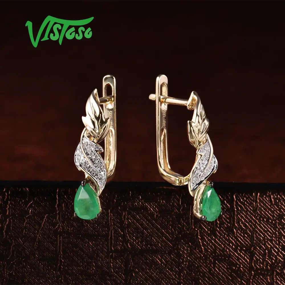 Женские серьги VISTOSO Pure 14K 585 желтое золото гламурные изумрудные сверкающие