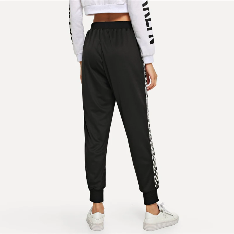 ROMWE Black Drawstring Waist Plaid Panel Pants Women Casual Autumn High Waist Bottoms Sporty Sweatpants Female Sports Trousers