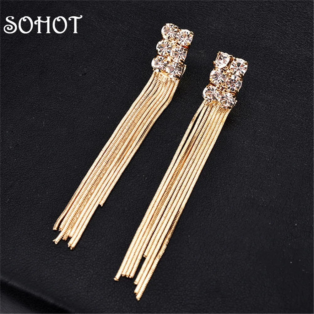 

SOHOT Ethnic Style Tassel Drop Earrings Multilayer Gold Color Metal Chain Imitation Crystal Jewelry Accessories For Women Gift
