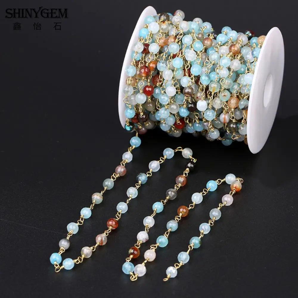 ShinyGem позолота Радуга Натуральный камень бусы 6 мм граненый круглый красочные кристалл Агаты цепи для изготовления ювелирных изделий 5 м/лот