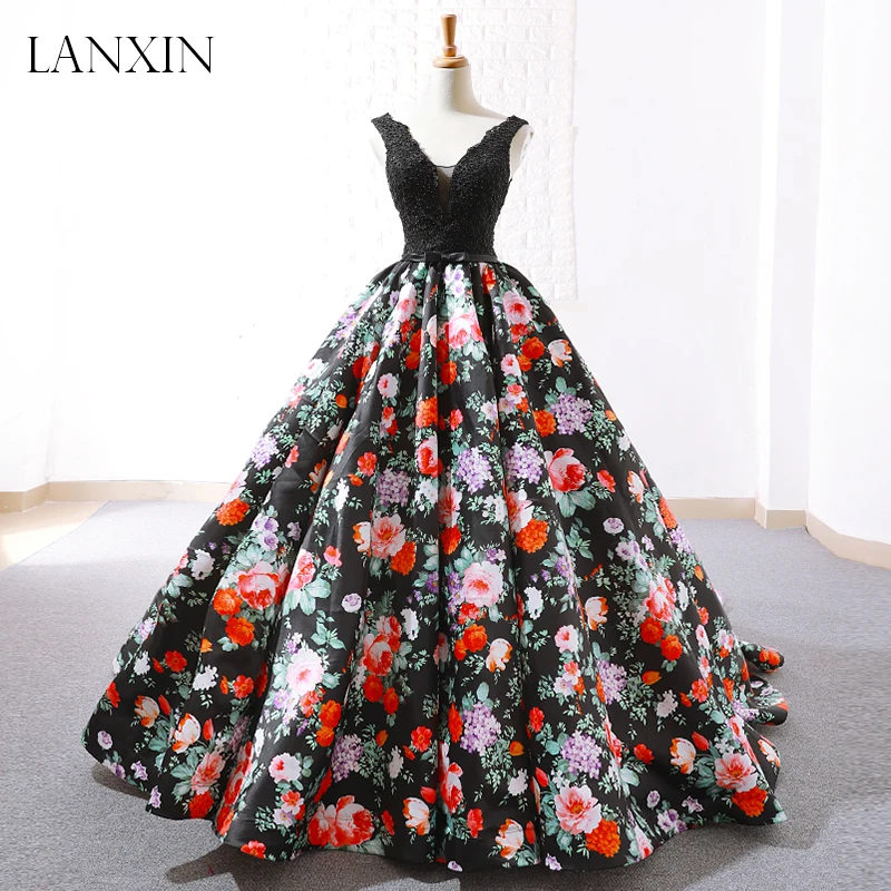 Robe de Soiree 3D печать цветок длинное бальное платье выпускного вечера Beadings V шеи развертки поезд атласное женское вечернее платье