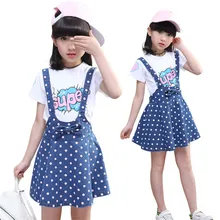 

3-12 y children girls sets 2019 fashion girls summer outfits polka dot denim jeans skirts set overalls short sleeve t-shirts