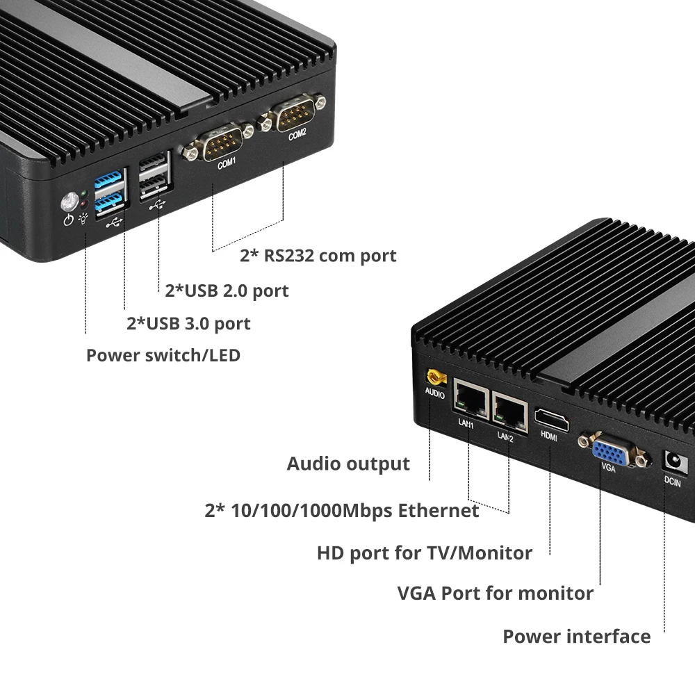 Брандмауэр безвентиляторный мини ПК Linux Celeron J1900 четырехъядерный 2 ГГц 2* Gigabit Lan Pfsense маршрутизатор безопасности компьютера 1* HDMI 1* VGA