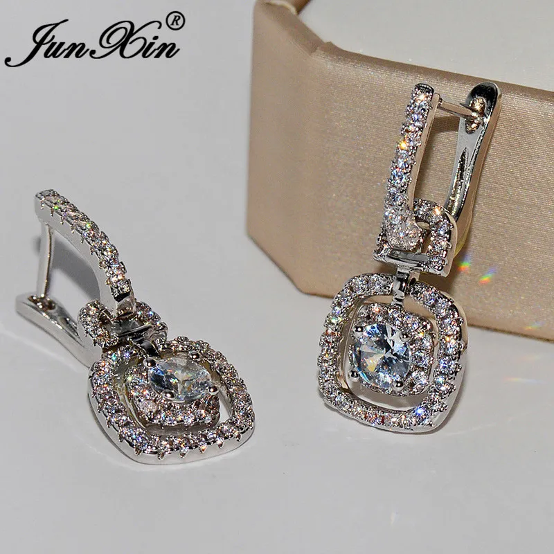 JUNXIN роскошные женские квадратные серьги-кольца с кристаллами для женщин, ювелирное изделие, 925 серебро, белый циркон, геометрические серьги для свадьбы