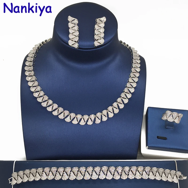 

Nankiya Luxury High Quality Women Party Wedding Jewelry Set Pave CZ Symmetrical Fan-shaped Bridal Choker Wedding 4pcs Set NC329