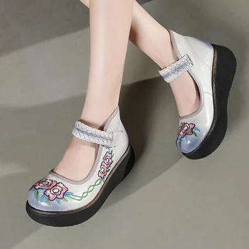 

Women Wedge Pumps Leather Black 6 CM High Heels Ankle Strap Spring Shoes For Women Leather Pumps Retro Handmade Flower Shoe 2019