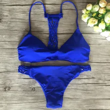 Women bikinis blue swimsuit 2017 new crochet bandage swimwear sexy tribikiangle tops bathing suit thong bottom brazilian biquini
