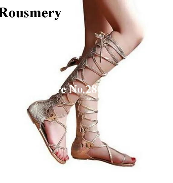 

Rousmery Hot Knee-High Summer Studded Women Flat Shoes Lace Up Peep Toe Strappy Sexy Casual Club Stage Sandals Boots Plus Size