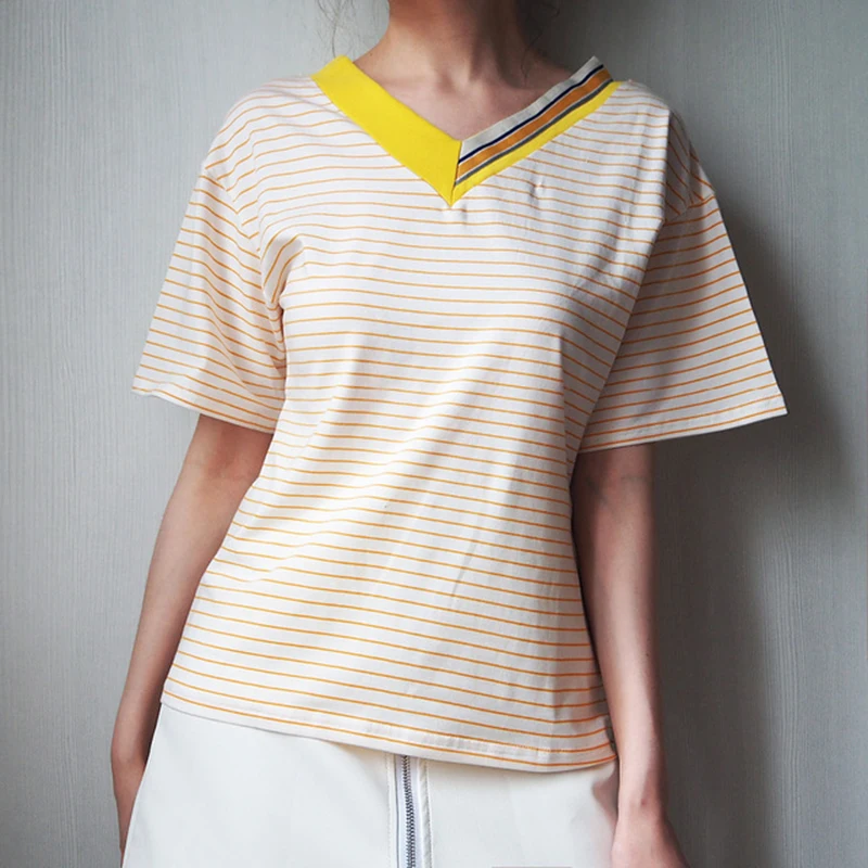 BIAORUINA Женская Повседневная полосатая футболка с коротким рукавом женская летняя двойная v-образная горловина хлопок одноцветные футболки