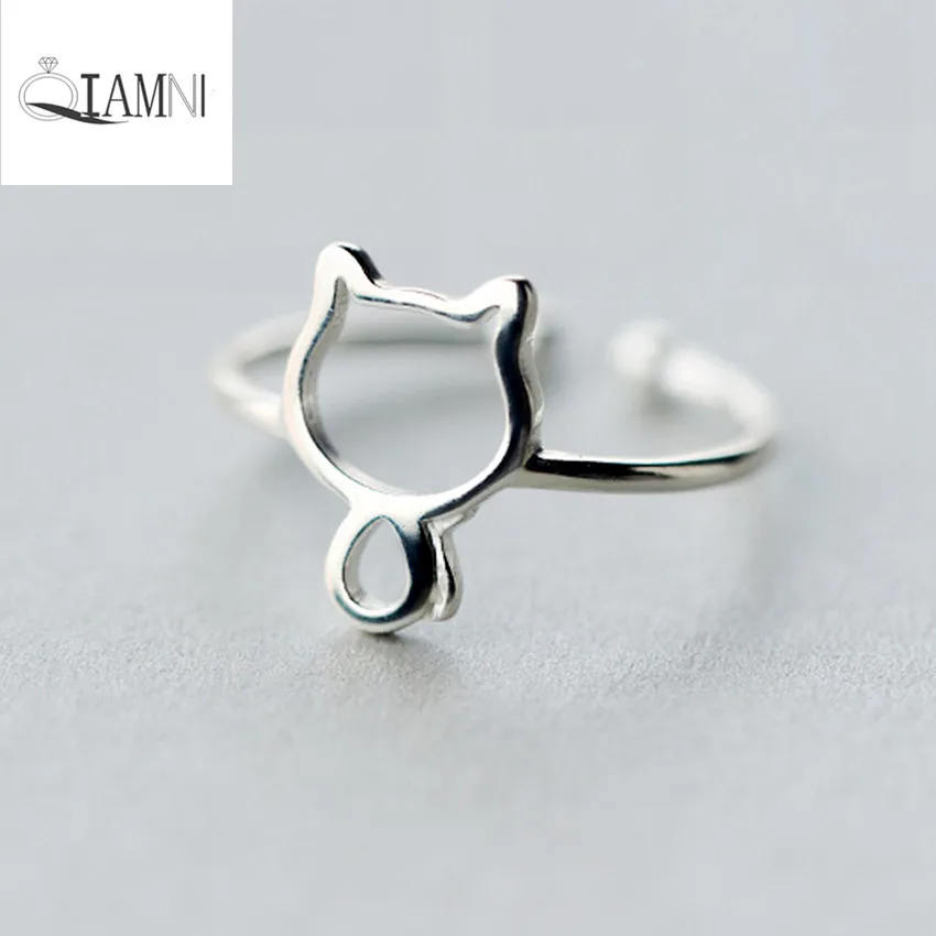 

QIAMNI Minimalist Jewelry 925 Sterling Silver Lucky Cat Animal Open Adjust Ring for Women Girls Wedding Party Christmas Gift