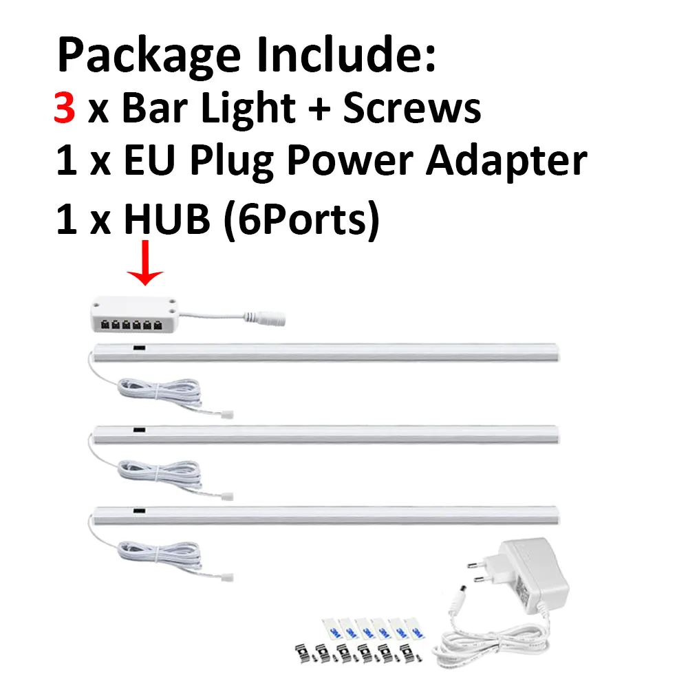 Рукой Сенсор Управление светодиодный фары 12V шкаф Кухня лампа аварийной лампы 30 см 40 см 50 см+ 220V Мощность адаптер штепсельная вилка европейского стандарта - Цвет: 3 PCS