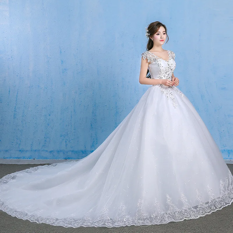 

2019 New Shining Diamond Long Train Plus Size Wedding Dress Sexy V Neck Illusion Lace Up Custom Made Wedding Gown Robe De Mariee