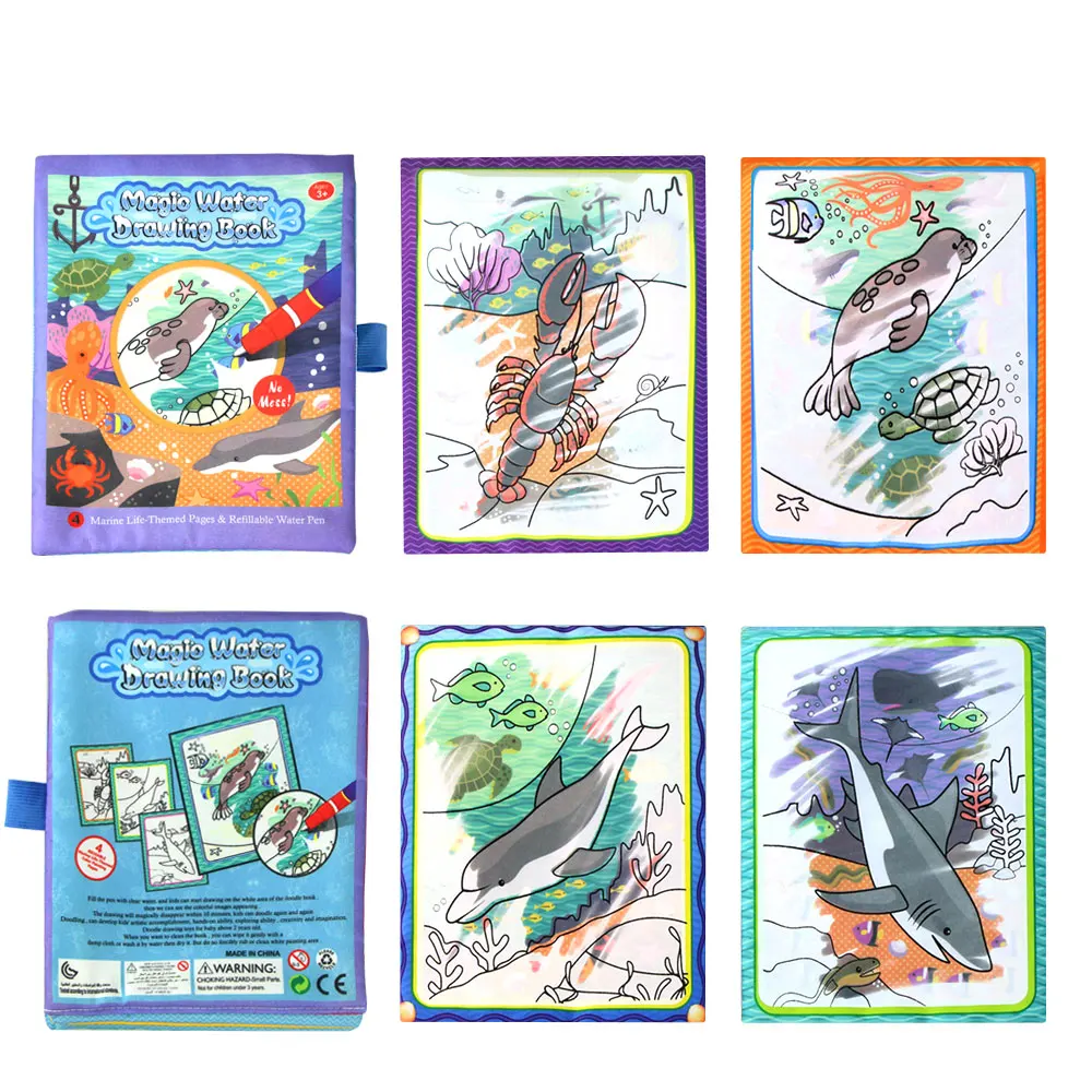 Water Drawing Cloth Book& Magic Pen Marine Life Theme Multi-color Painting Doodle Soft Book Learning Educational Toys for Kids