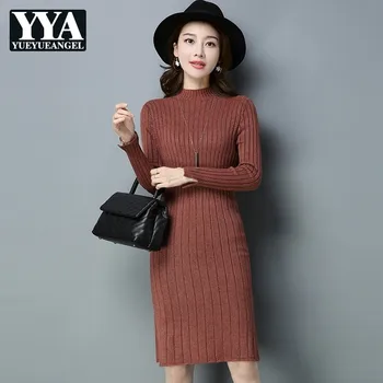 

Knitted Sweaters Fashion 2020 Women Long Sleeve Dress Knitwear Turtleneck Sweater Dress Slim Sexy Elastic Elegant Ladies Sweater