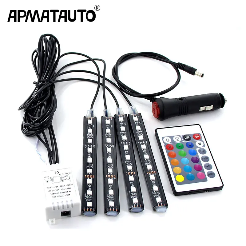 

Car RGB LED Strip 4*9pcs SMD 5050 10W Car Interior Decorative Atmosphere Strip Auto RGB Pathway Floor Light Remote Control 12V