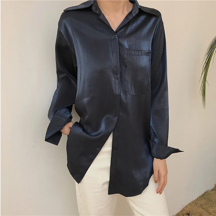 

Heart Machine Blouse Woman 2019 Spring Dress Temperament Blue Satin Shirt Women Turn-down Collar Solid Blouse Women