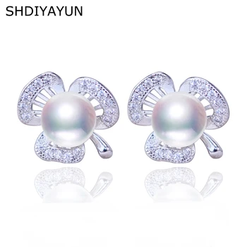 

SHDIYAYUN 2019 New Pearl Earrings 925 Sterling Silver Jewelry Leaf Zircon Natural Freshwater Pearl Stud Earring For Women Gift