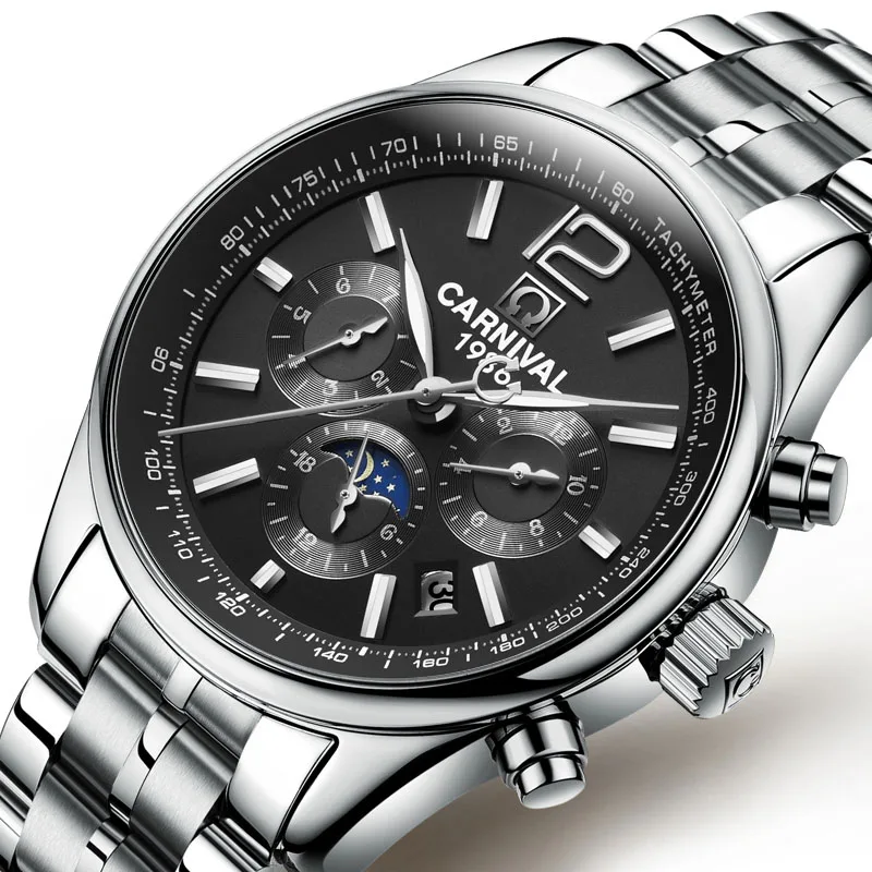 

Carnival Moon Phase Mechanical Men's Watches Business Sport Wristwatch Luminous Multifunction Stainless Steel Waterproof
