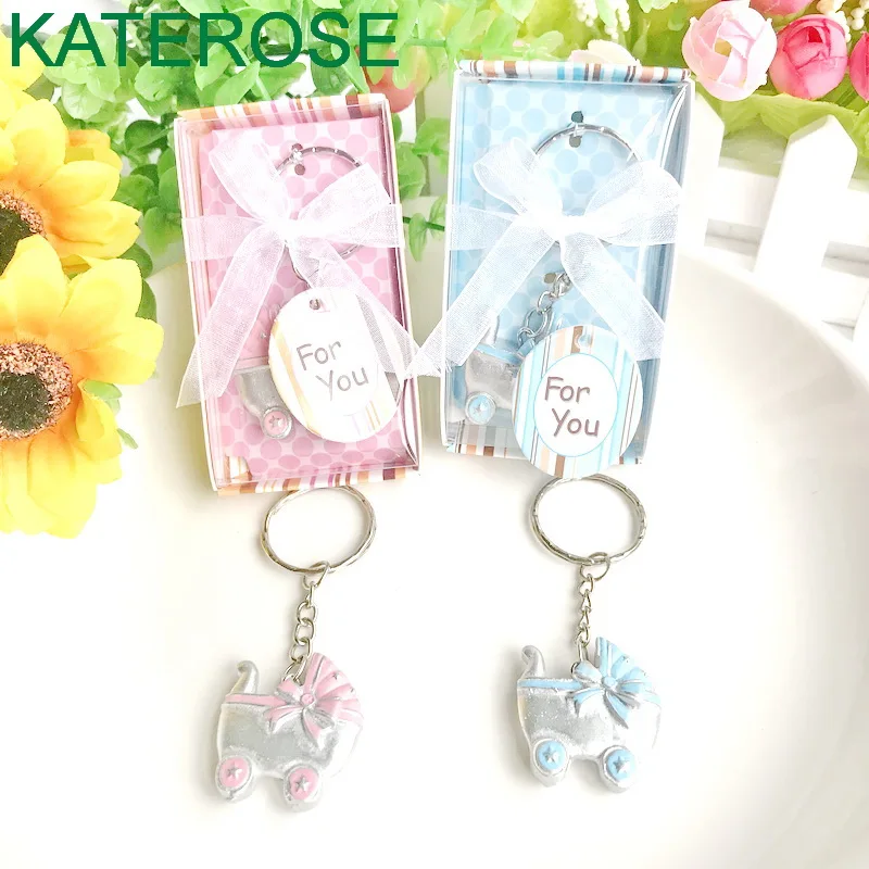 

FREE SHIPPING 30PCS/LOT New Baby Shower Favors Pink/Blue Baby Carriage Design Key Chains Birth Christening Gift Keychain Favor